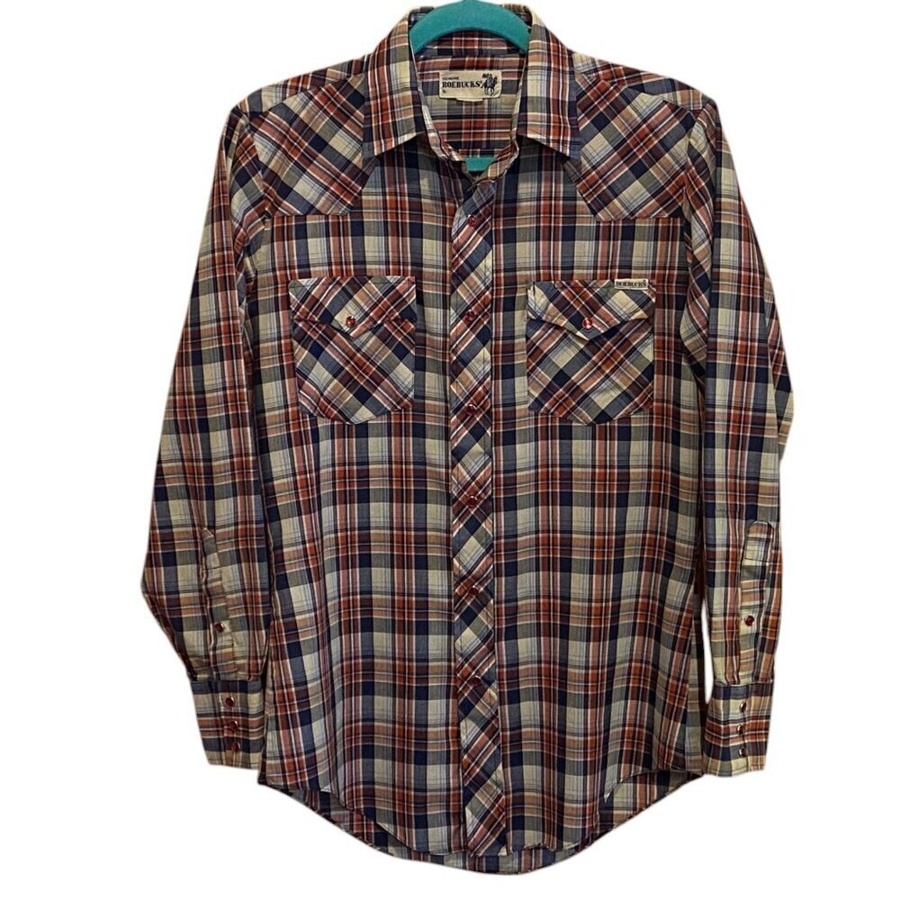 Vintage Genuine Roebucks Pearl Snap Western Shirt Mens Size S Long Sleeve Plaid